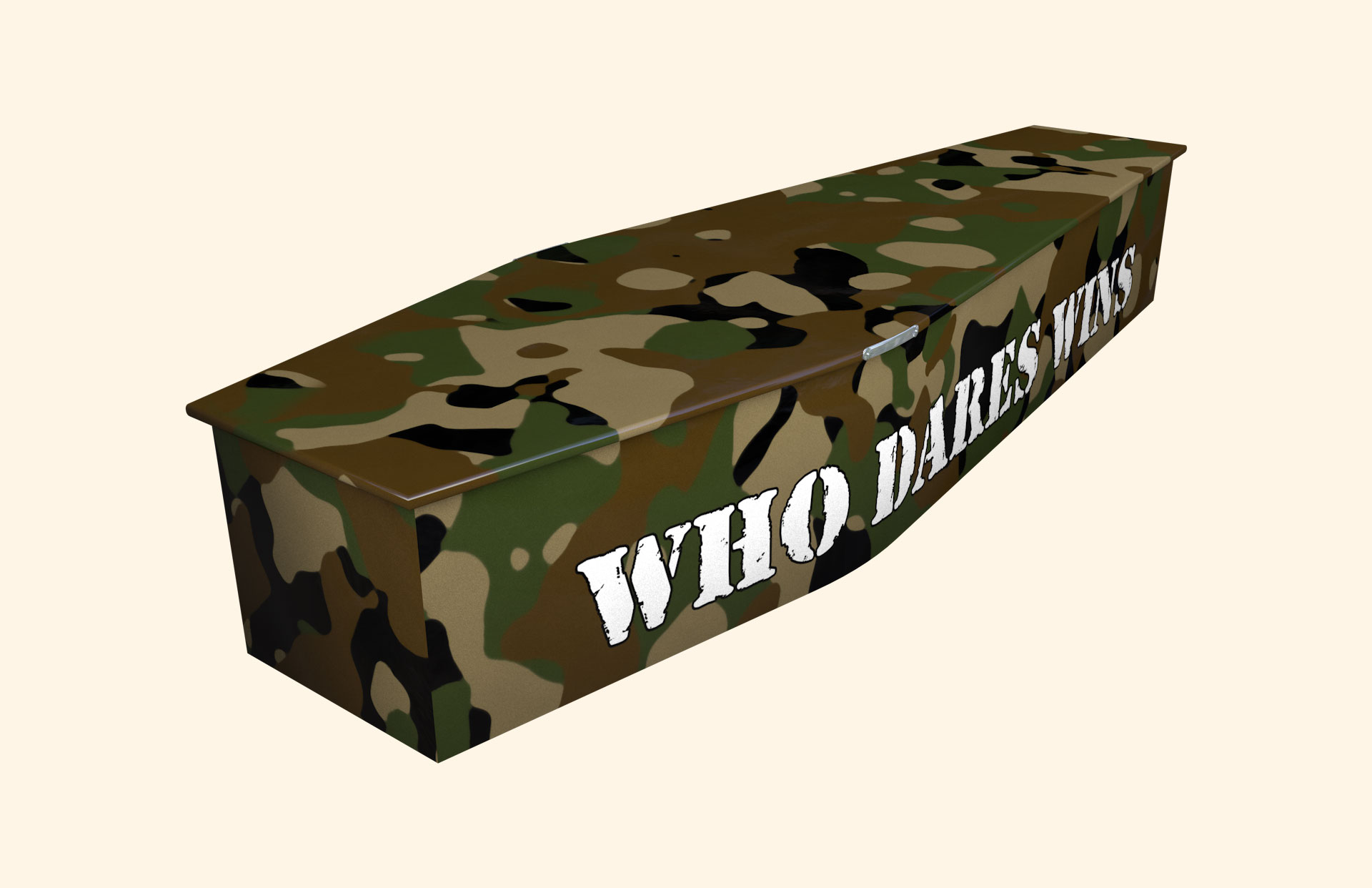 Who Dares Wins design on a traditional coffin